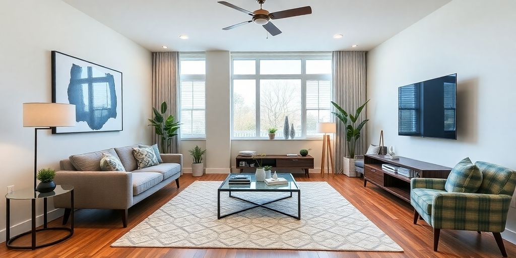 Modern staged living room with AI technology.