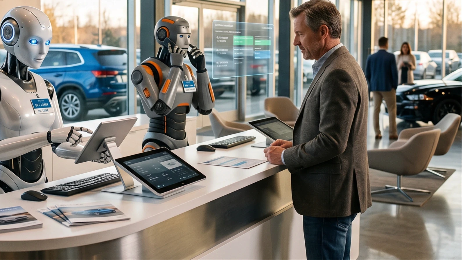 AI Receptionists in front desk inside car dealership