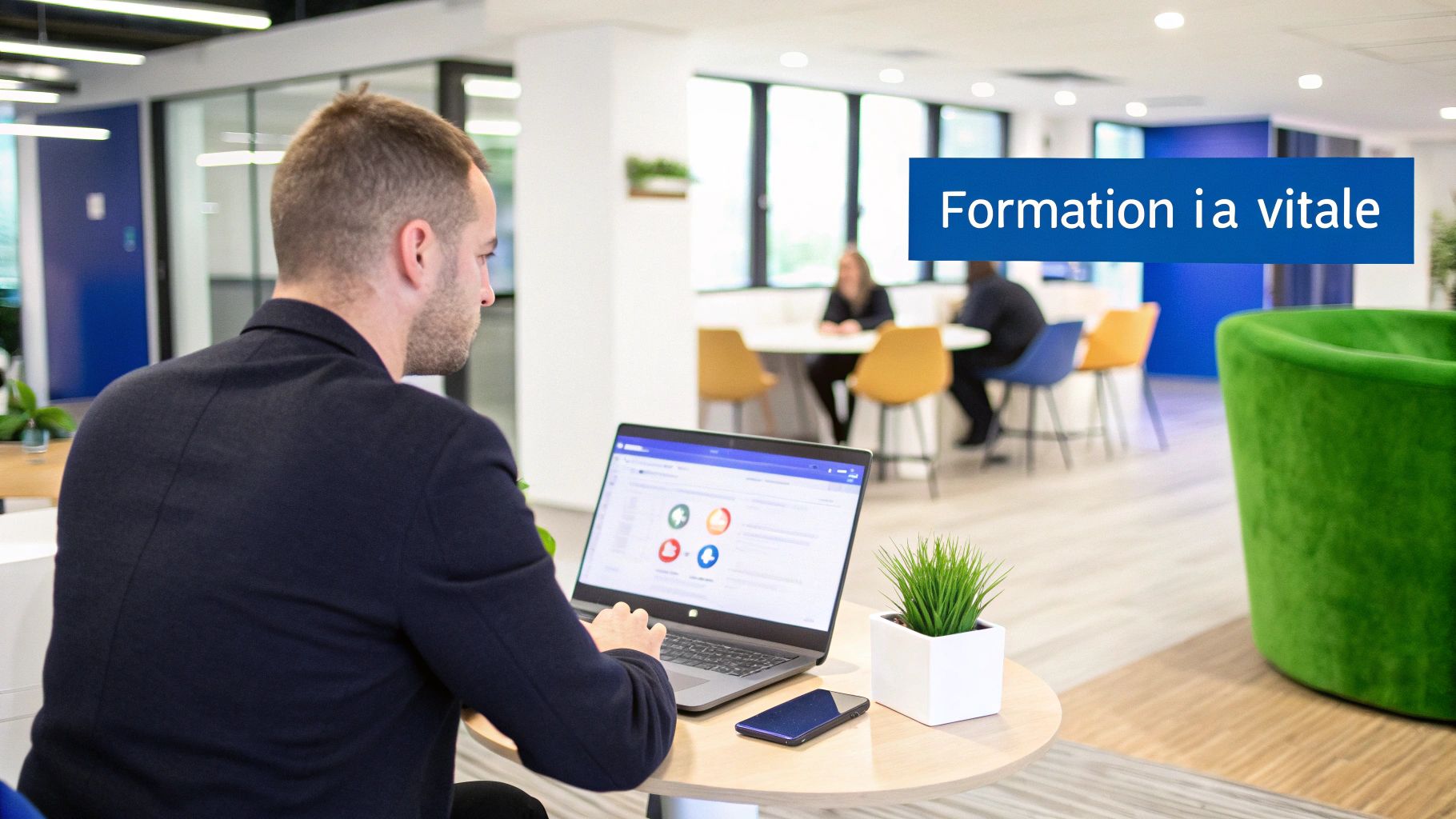 Un homme travaille sur un ordinateur portable dans un bureau moderne et lumineux, avec un bandeau affichant 'Formation ia vitale'.