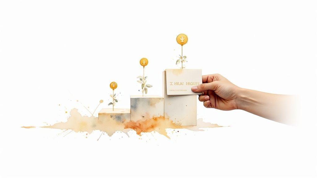 A hand places a block on a watercolor-style growth chart with coin-topped plants, symbolizing investment and progress.