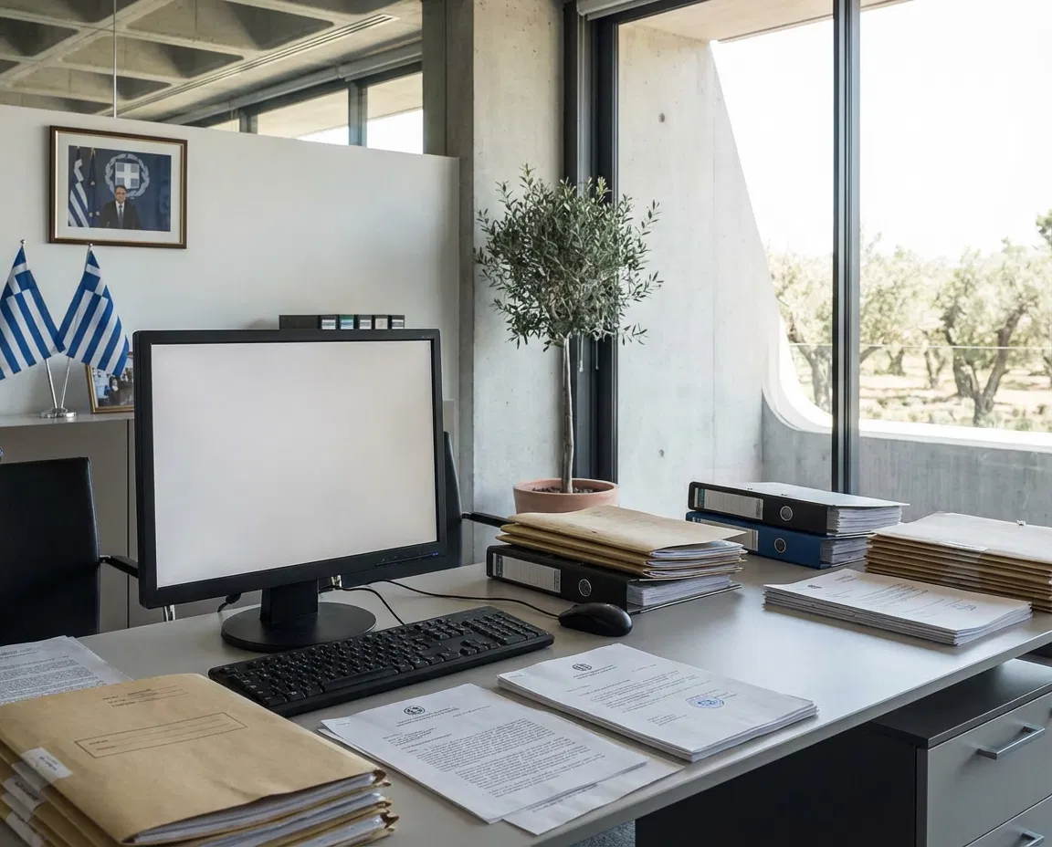 Office workspace with a computer and scattered official documents.