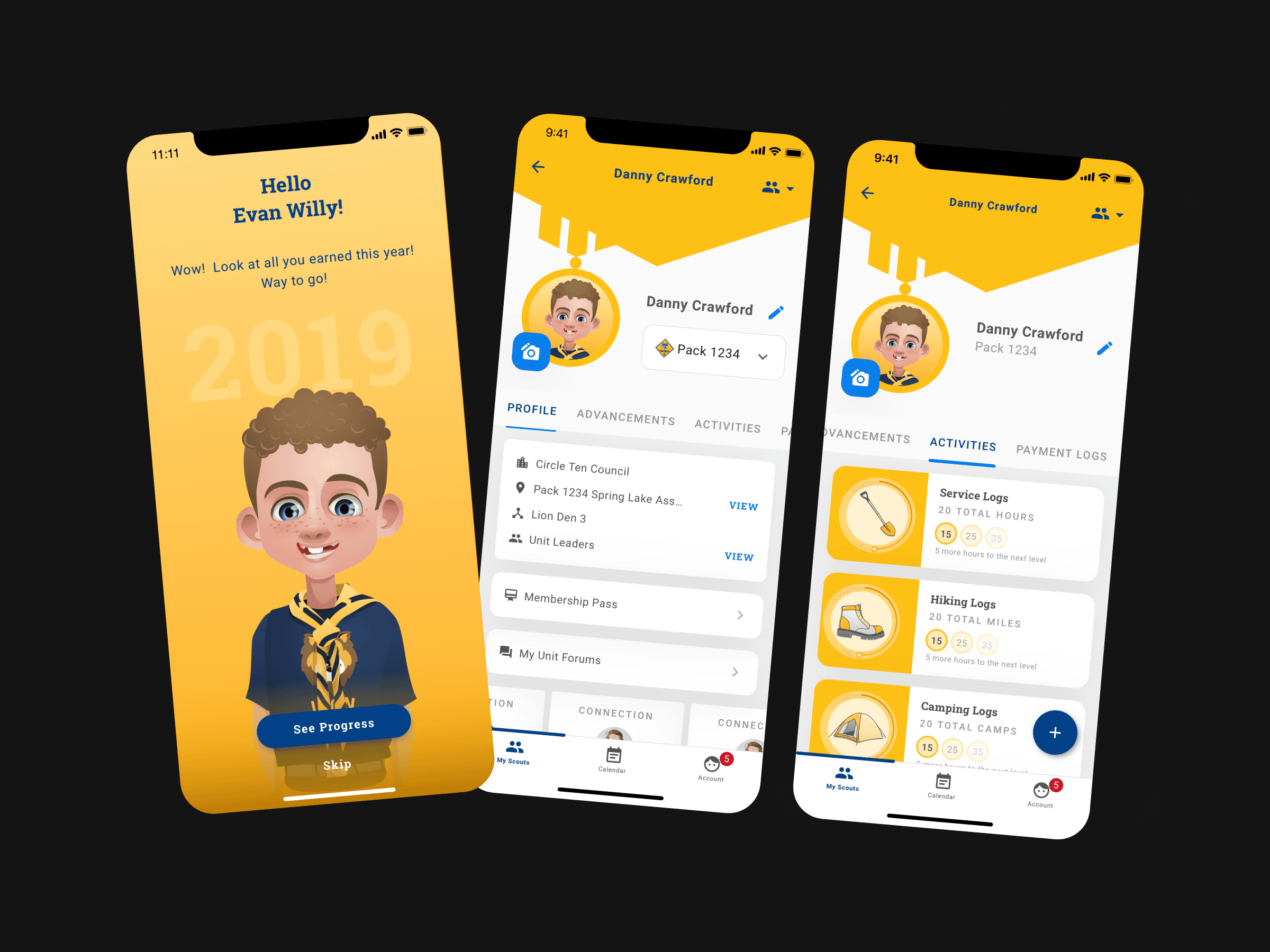 Threee mockups representing the Scout profile and his information.