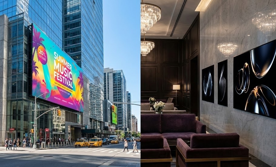Imagem em ecrã dividido a comparar tecnologias de sinalização digital. À esquerda, um enorme outdoor LED exterior exibe um anúncio vibrante de um festival de música na fachada de um arranha-céus sob sol intenso. À direita, ecrãs elegantes e finos montados numa parede de mármore num lobby de hotel luxuoso e pouco iluminado exibem arte digital abstrata de alto contraste.