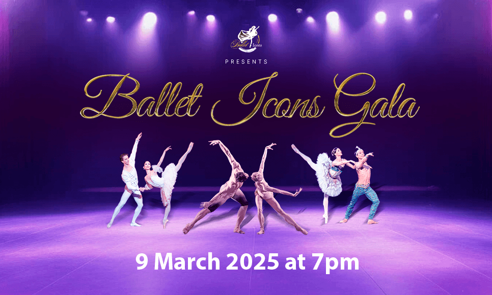 Ballet Icons Gala poster with ballet dancer en pointe against a dark background.