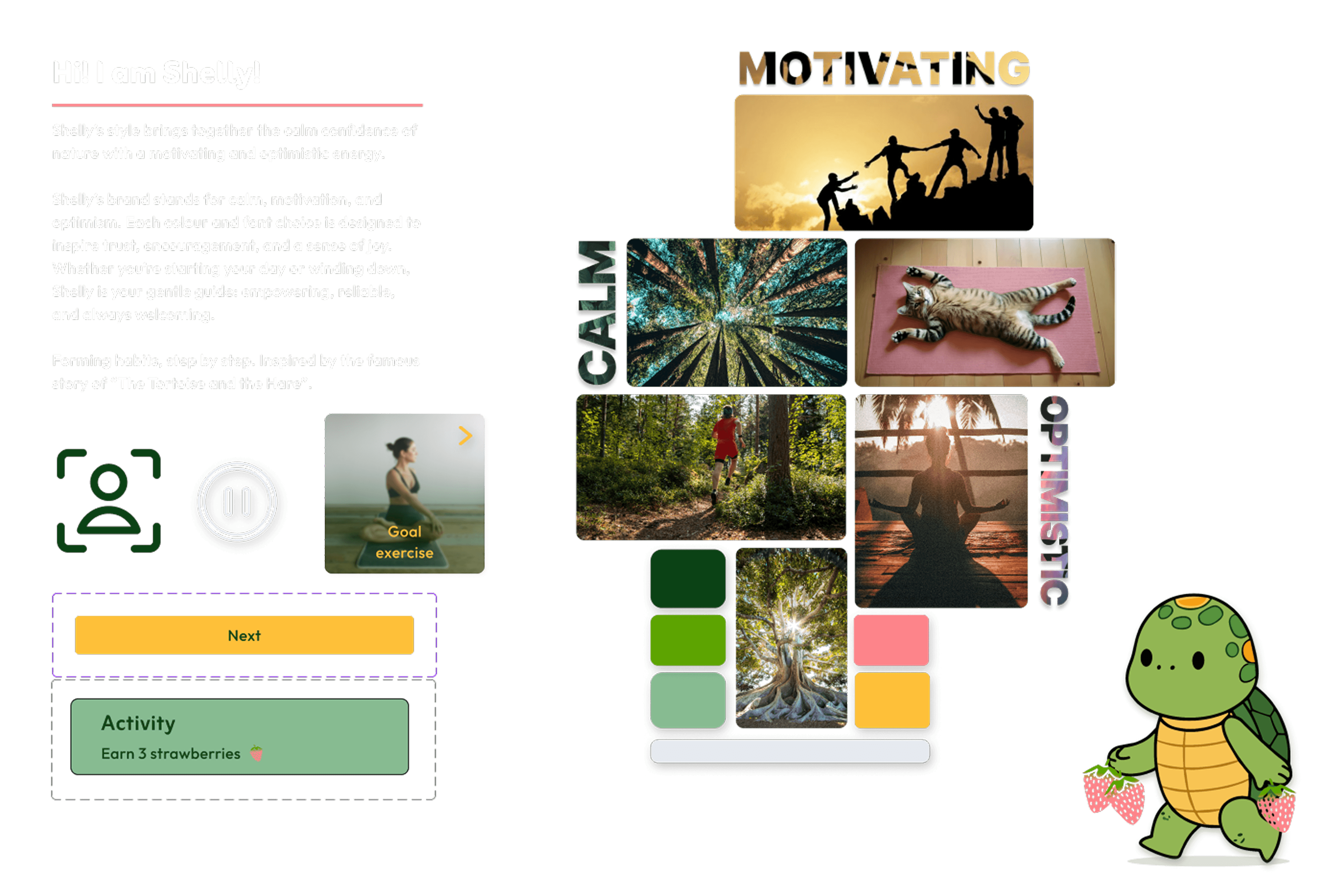 Visual identity board for the Shelly app. It displays the nature-inspired color palette of calming greens and warm yellows, alongside the rounded, approachable typography selected to reduce cognitive load.