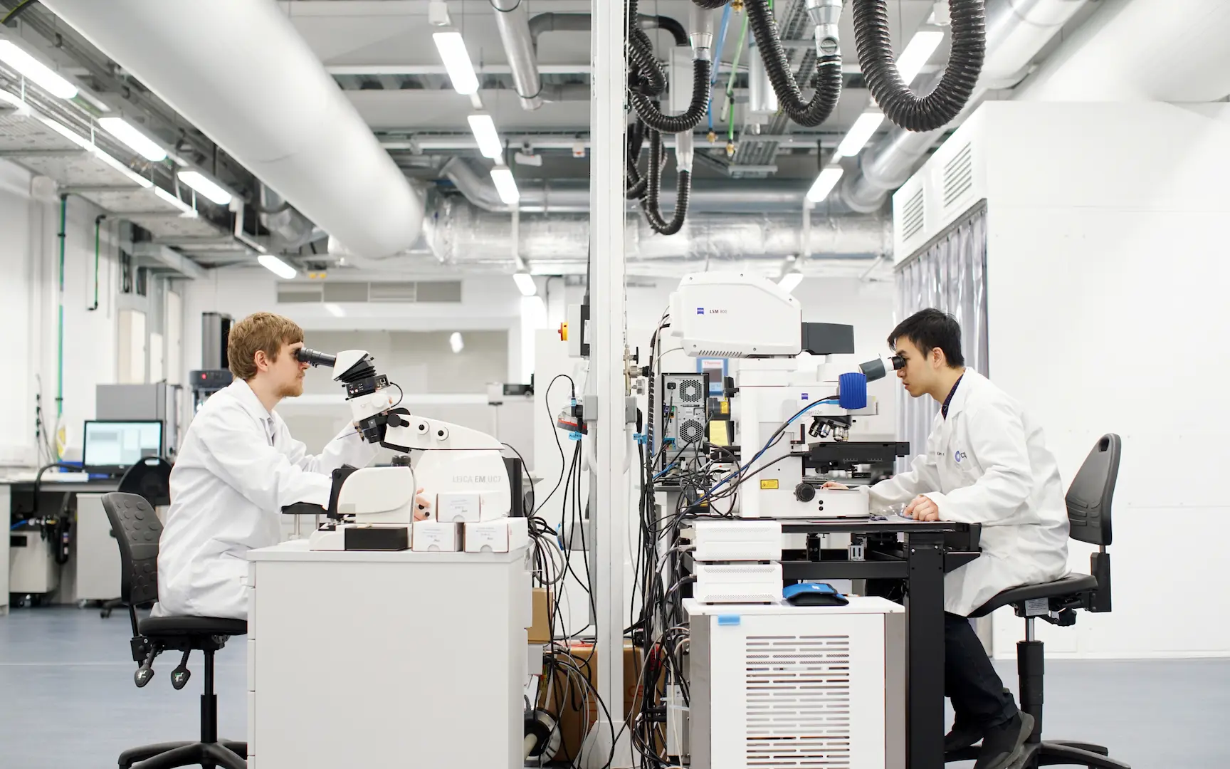 A photo of two lab scientists looking into microscopes