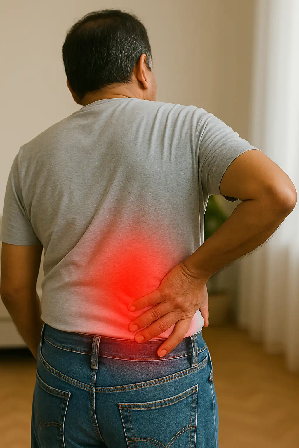 Man clutching his lower back with visible inflammation, depicting lumbar spondylosis–related back pain and spine stiffness.