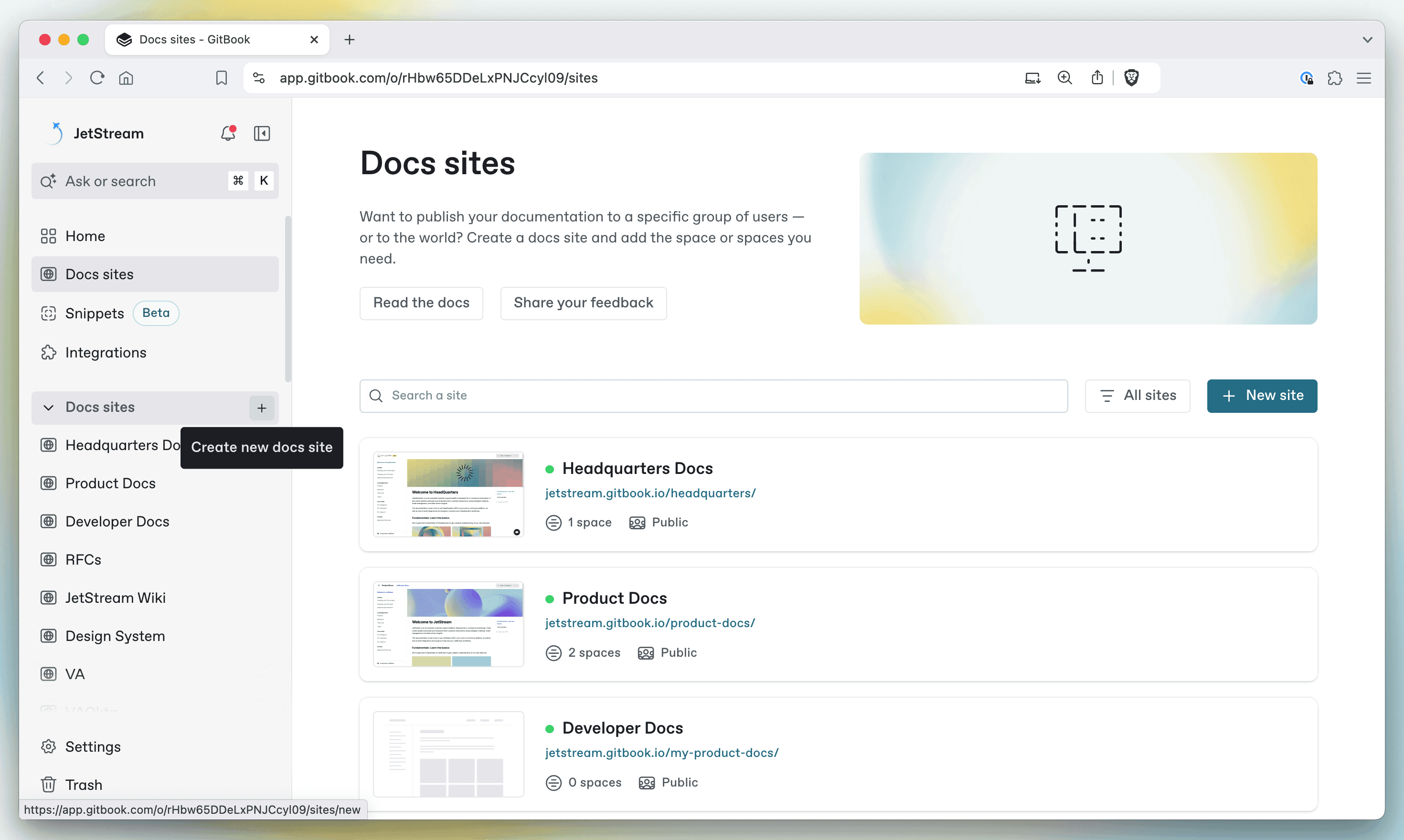 A screenshot of GitBook showing how you can create a new docs site from the sidebar