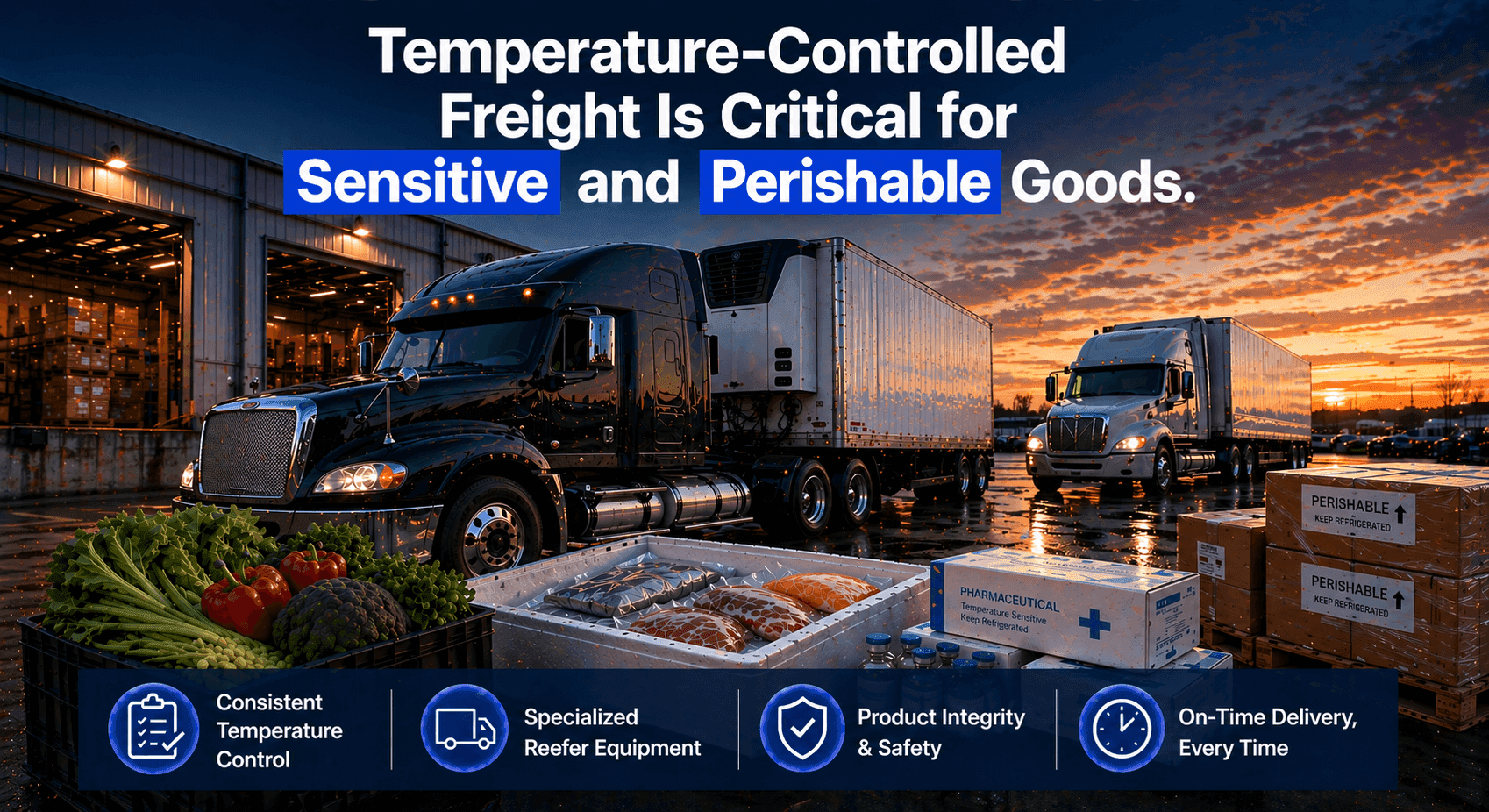 Refrigerated trucks at a warehouse with pallets of fresh produce and medical supplies in the foreground, highlighting temperature-controlled shipping for perishable goods.