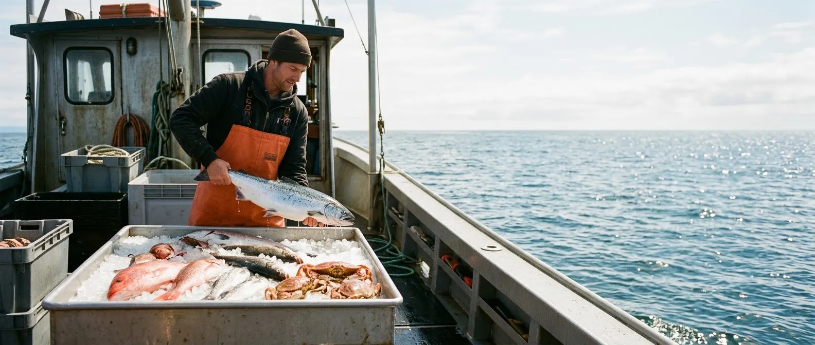 Fisherman holding a fresh salmon over a tray of iced seafood on a boat deck