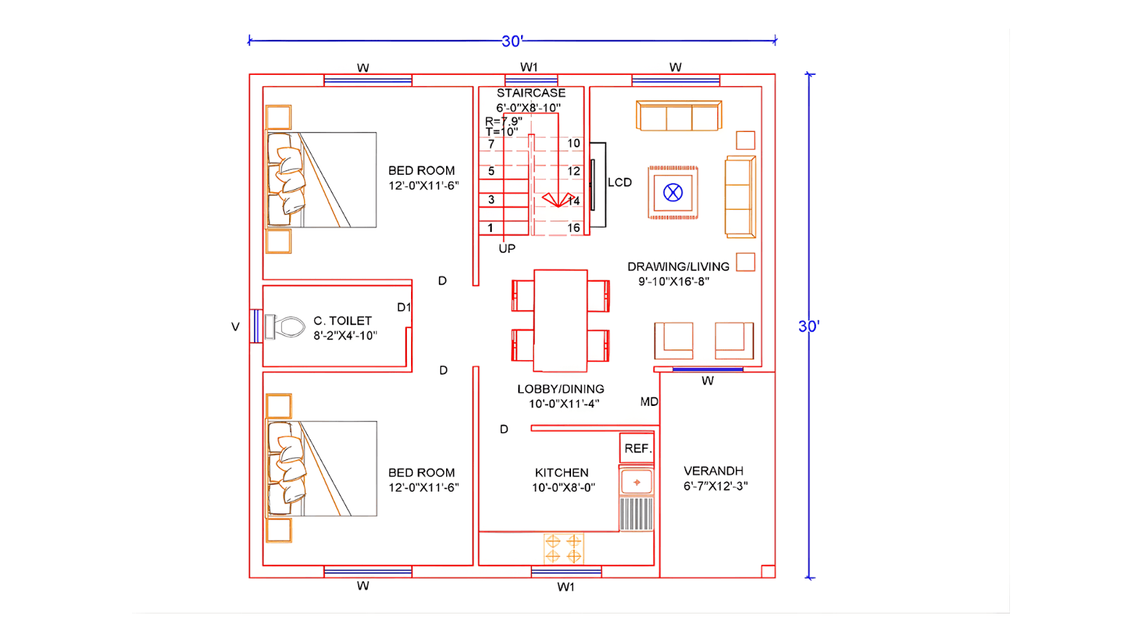 3BHK West-Facing House Plan (1400-1600 sq ft)