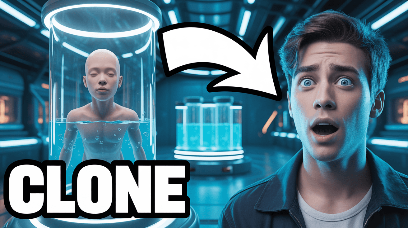 MrBeast-style tech showcase thumbnail with shocked host, clone tank, and neon lab arrow