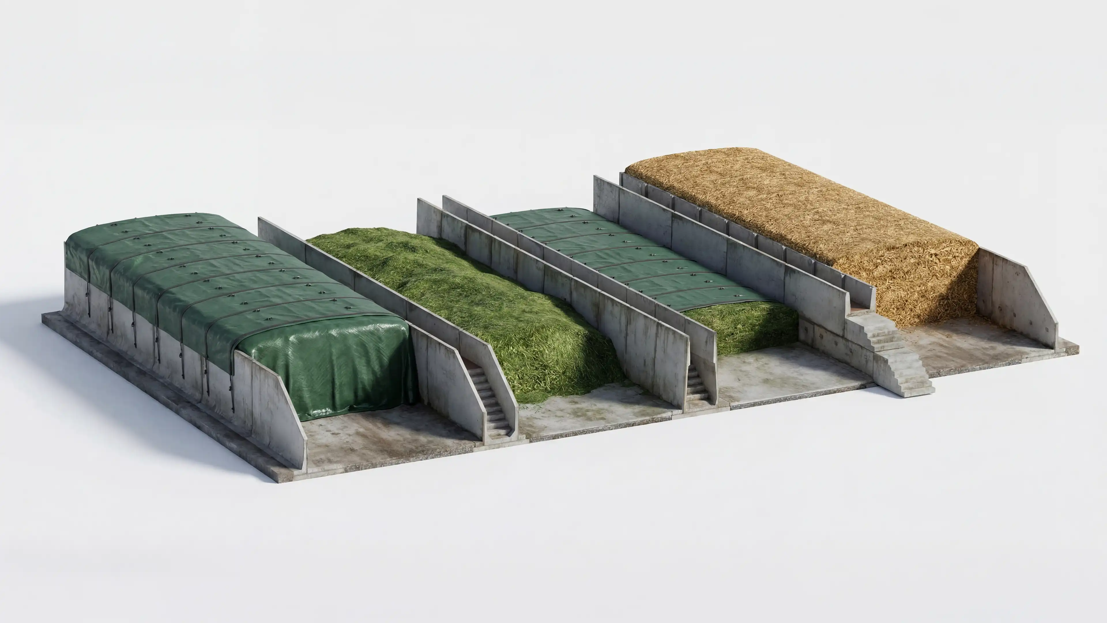 overzichtsbeeld 3d render van 4 opslagkuilen naast elkaar