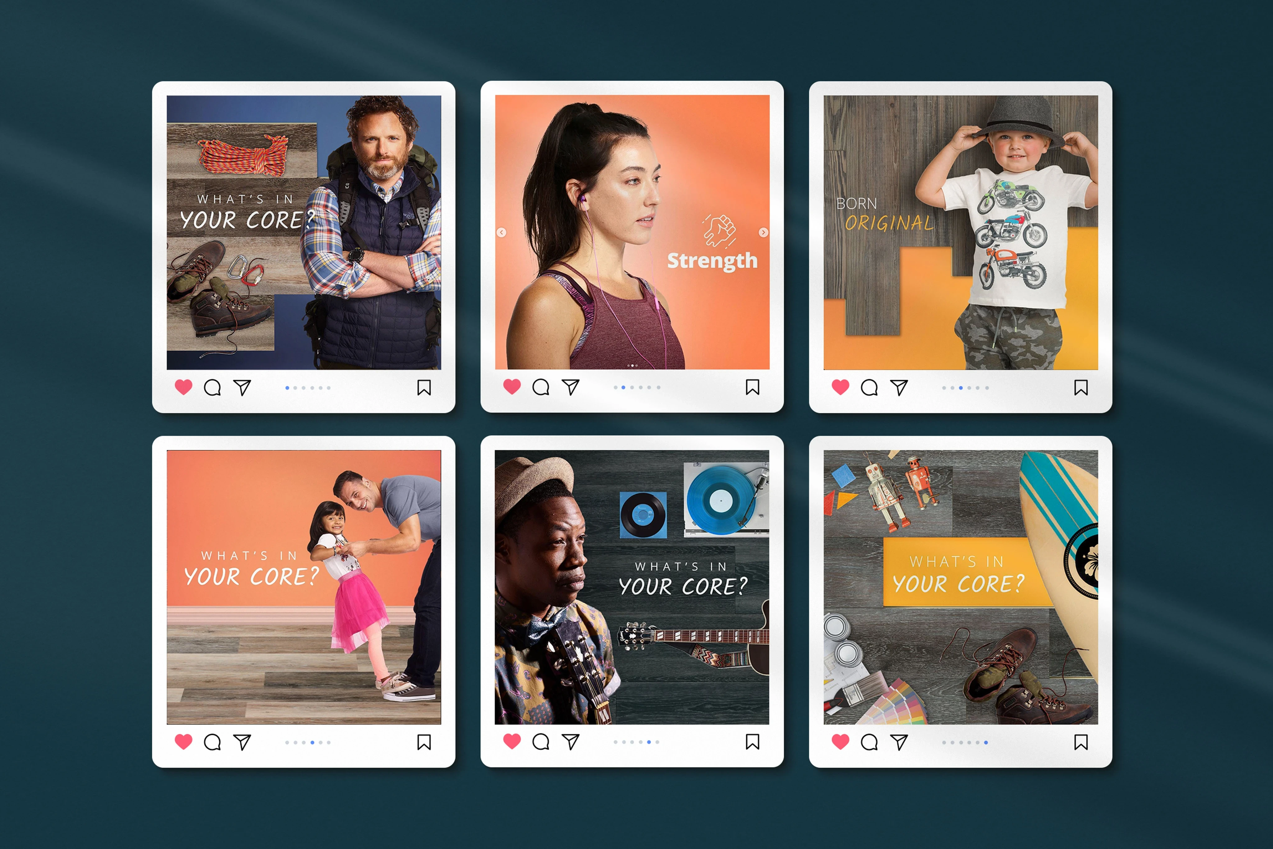 The social content engine. We produced a library of custom lifestyle photography to fuel the "What's in your CORE?" digital campaign. These high-fidelity assets were designed to stop the scroll, validating the brand's pivot from utility-based messaging to identity-based storytelling across social channels.