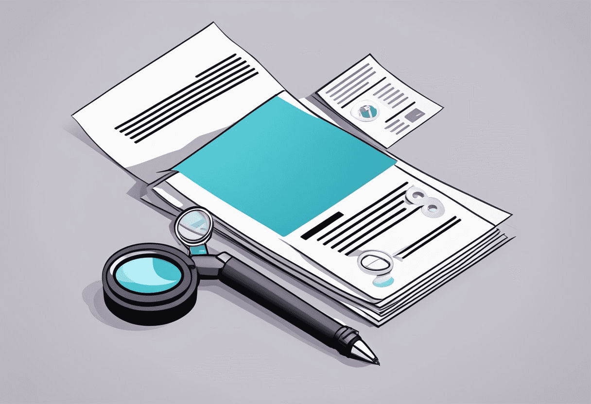 A stack of resumes with a magnifying glass and a pen, surrounded by question marks and a FAQ banner