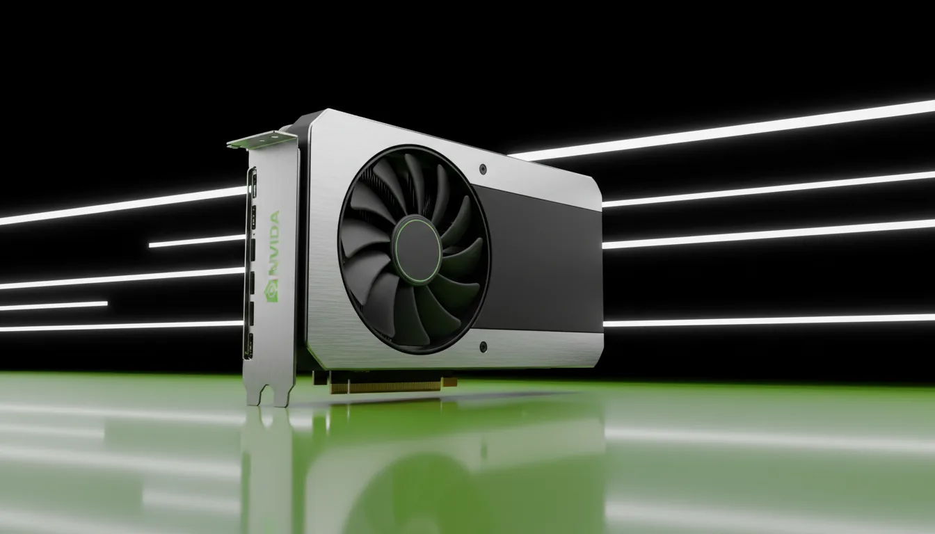 3D product render of an NVIDIA RTX 4080 graphics card from a low-angle, three-quarters perspective, featuring a brushed silver metal frame and a matte black shroud with a visible cooling fan. The card rests on a highly reflective, vibrant lime-green surface. The background is pure black with dynamic white horizontal motion blur streaks, creating a sense of speed. Soft global illumination and sharp focus on the product, creating a sleek, high-tech commercial aesthetic.