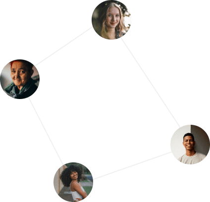 UI card showing a network diagram with circular patient profile photos connected by lines, representing speaker attribution