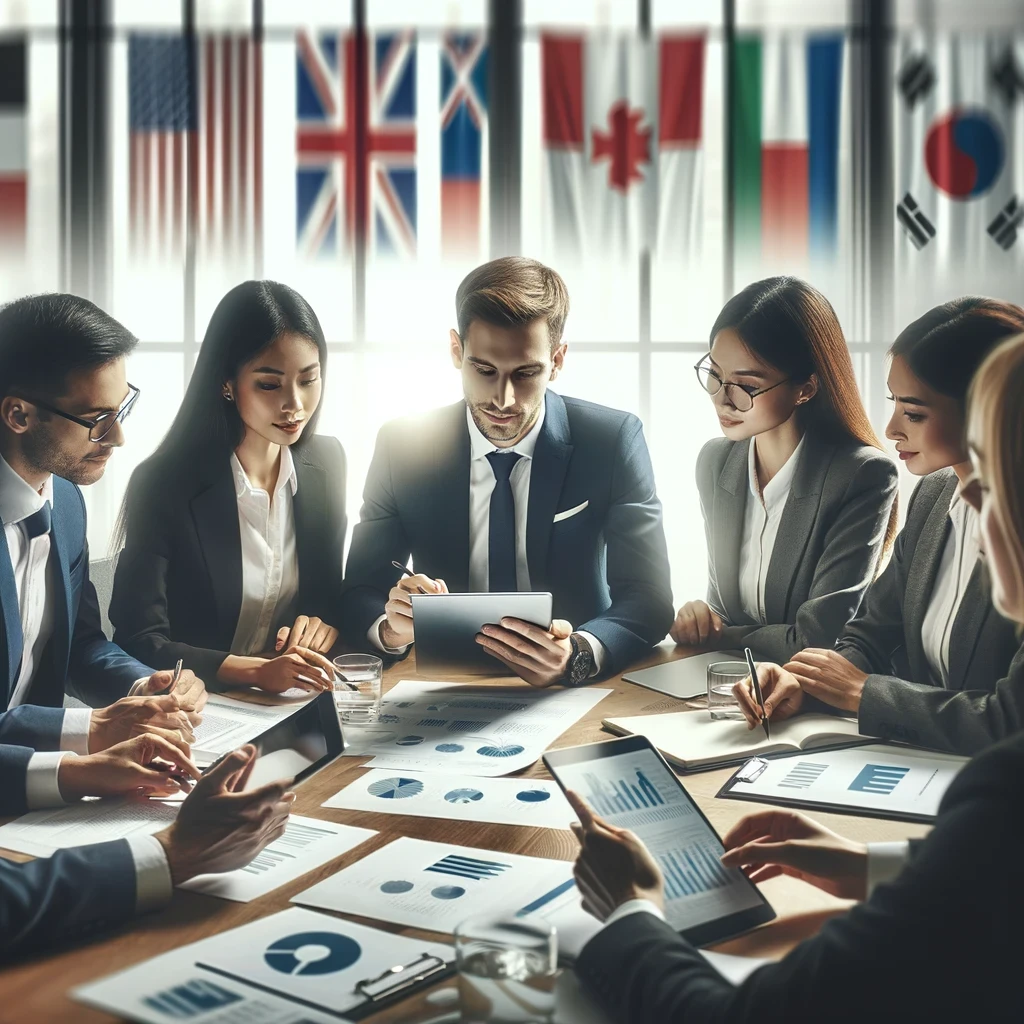 Diverse business professionals collaborating on visa documents in a modern office, symbolizing international business planning and strategy.