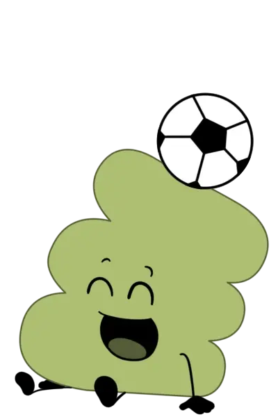Green blob-shaped cartoon character smiling while balancing a soccer ball on its head