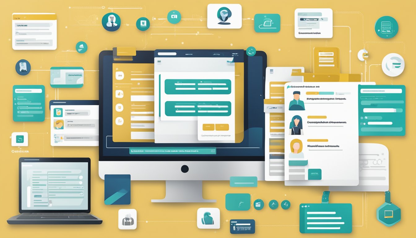 Photo of a home office prepared for a video interview, with a laptop showing a video call, a notepad, pen, and coffee on the desk, against a neutral background.