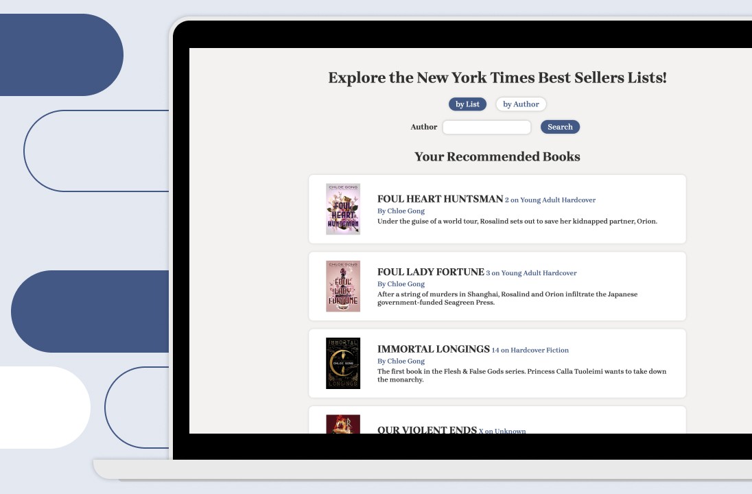 A laptop mock up displaying the NYT Bestsellers Explorer. It is searching via Author and has results for "Chloe Gong."