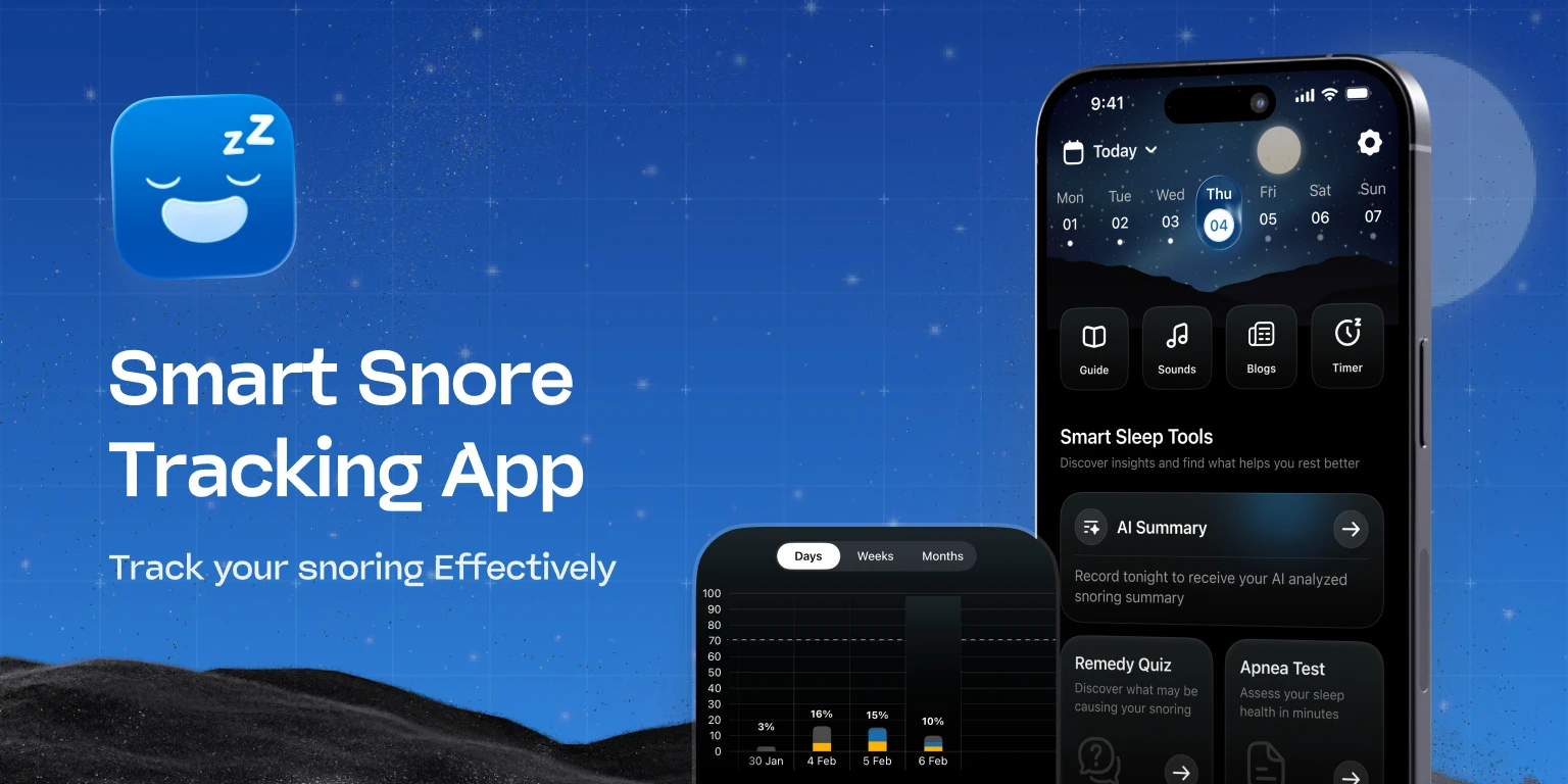 SnoreIQ sleep tracking app showing sleep data and snoring analysis across smartphone screens.