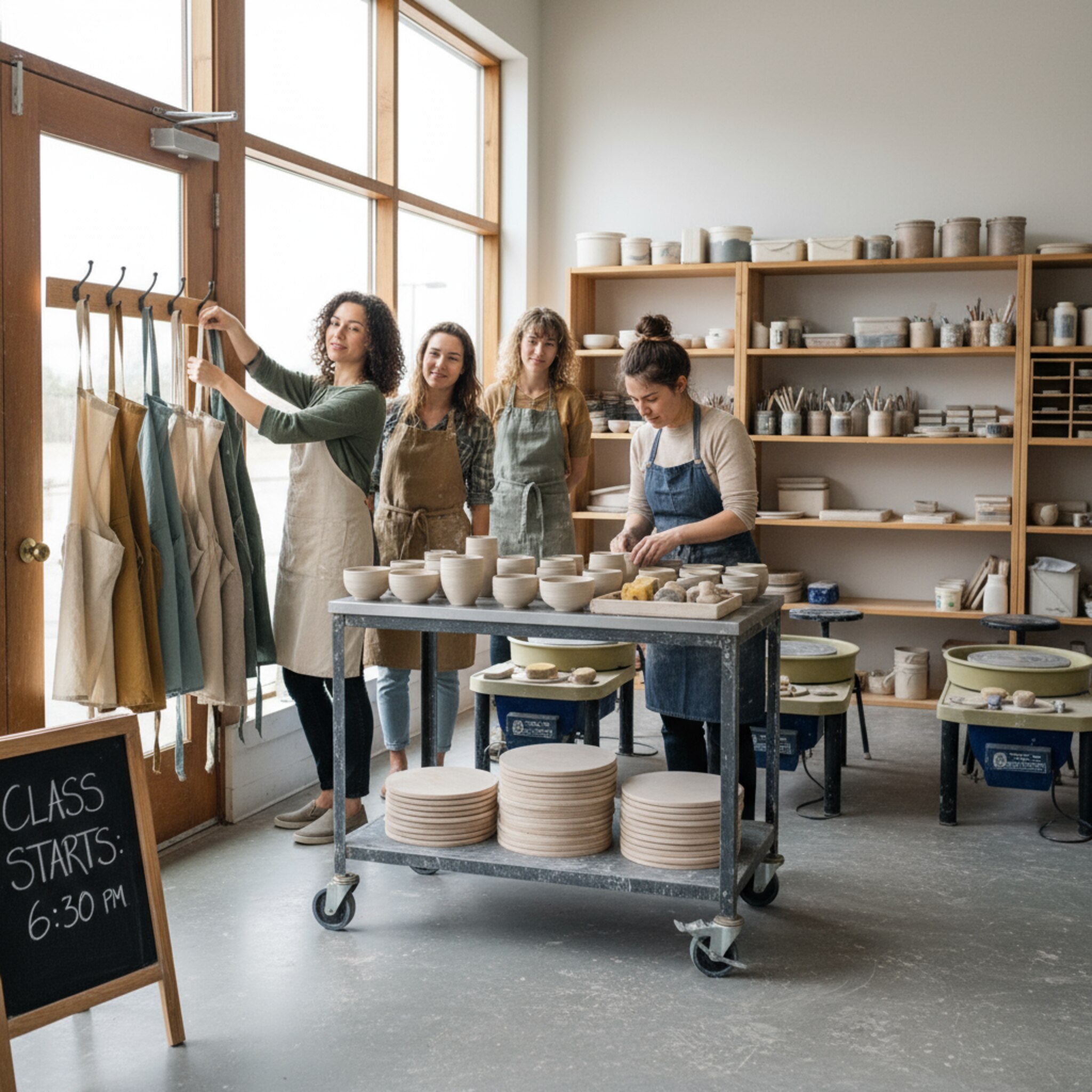 Teilnehmende hängen Schürzen an einen Wandhaken, während auf einem Wagen frische Rohlinge bereitstehen. Stimmengewirr füllt den Raum, doch die Bewegung wirkt geordnet. Eine kleine Tafel mit Kursbeginnzeit lehnt am Eingang. Der Ablauf fühlt sich reibungslos und pünktlich an.