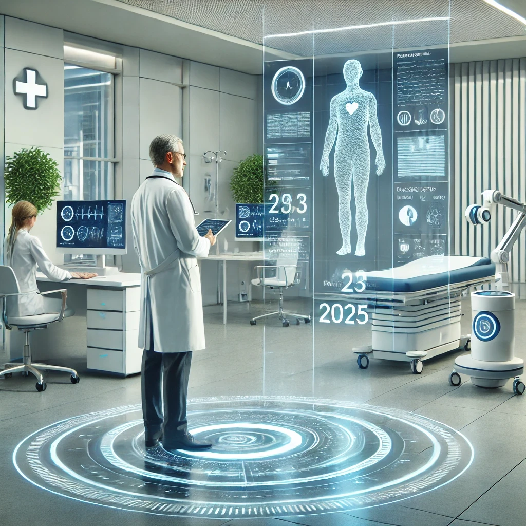 Médico olhando para uma projeção holográfica de um paciente