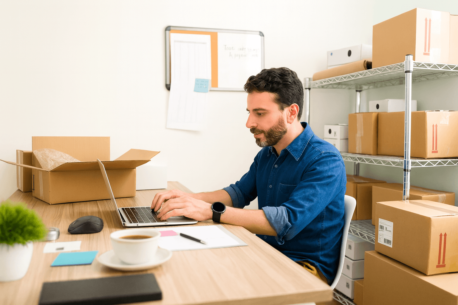 Un vendeur travaillant sur un ordinateur portable dans un bureau rempli de boîtes en carton, illustrant l’utilisation de l’interface Seller Central pour gérer les opérations de vente sur Amazon.