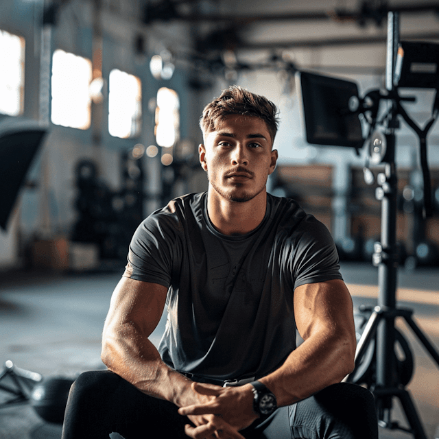 Handsome muscular man with styled hair sitting and looking at camera in gym