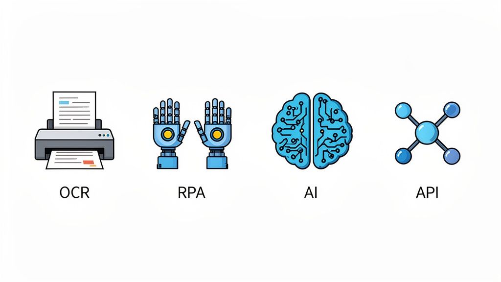 Four icons representing OCR, RPA, AI, and API, key technologies in business automation.