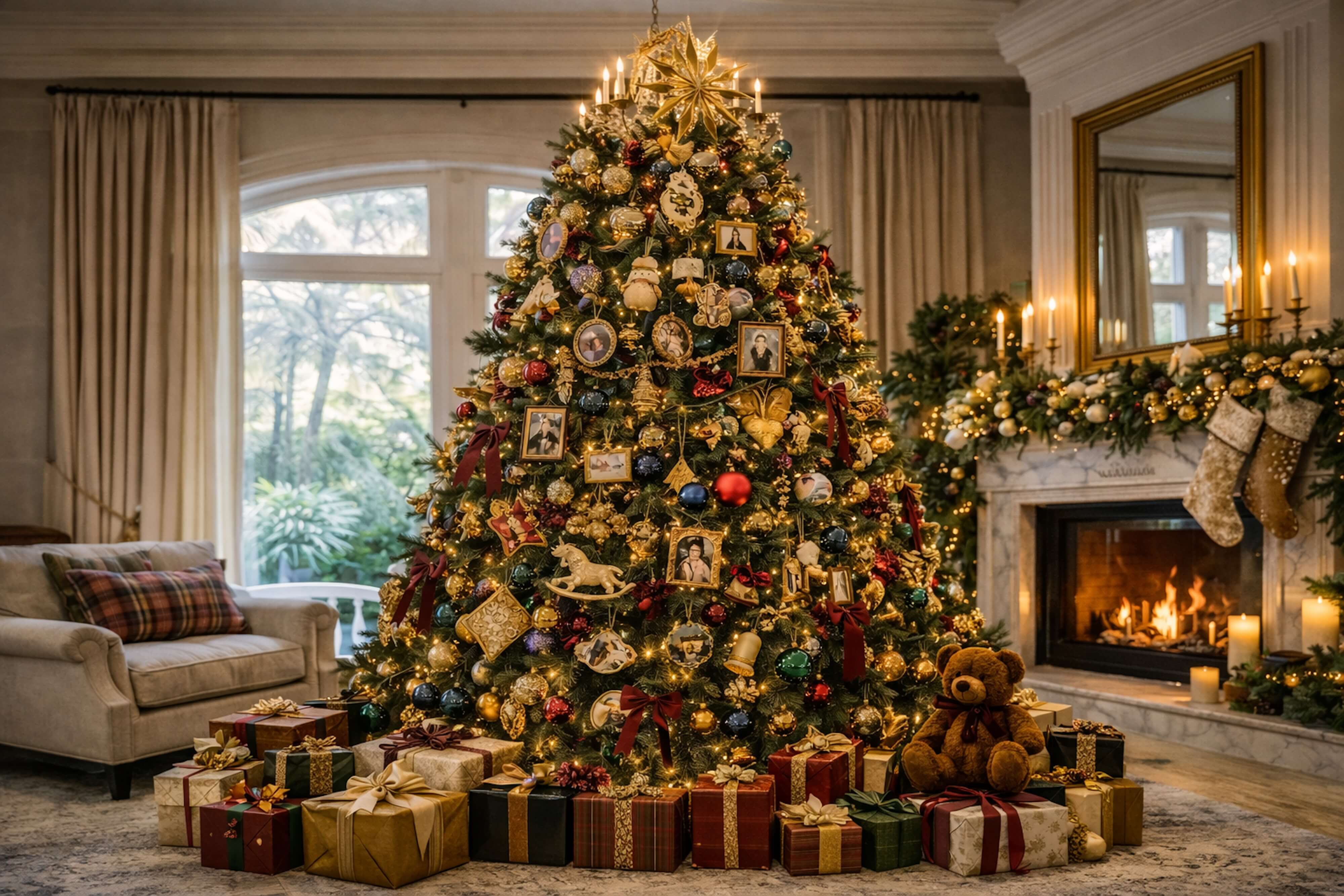 Christmas tree decorated with heirloom ornaments, framed family photos, vintage details, warm white lights, and wrapped gifts, styled to feel personal yet upscale.