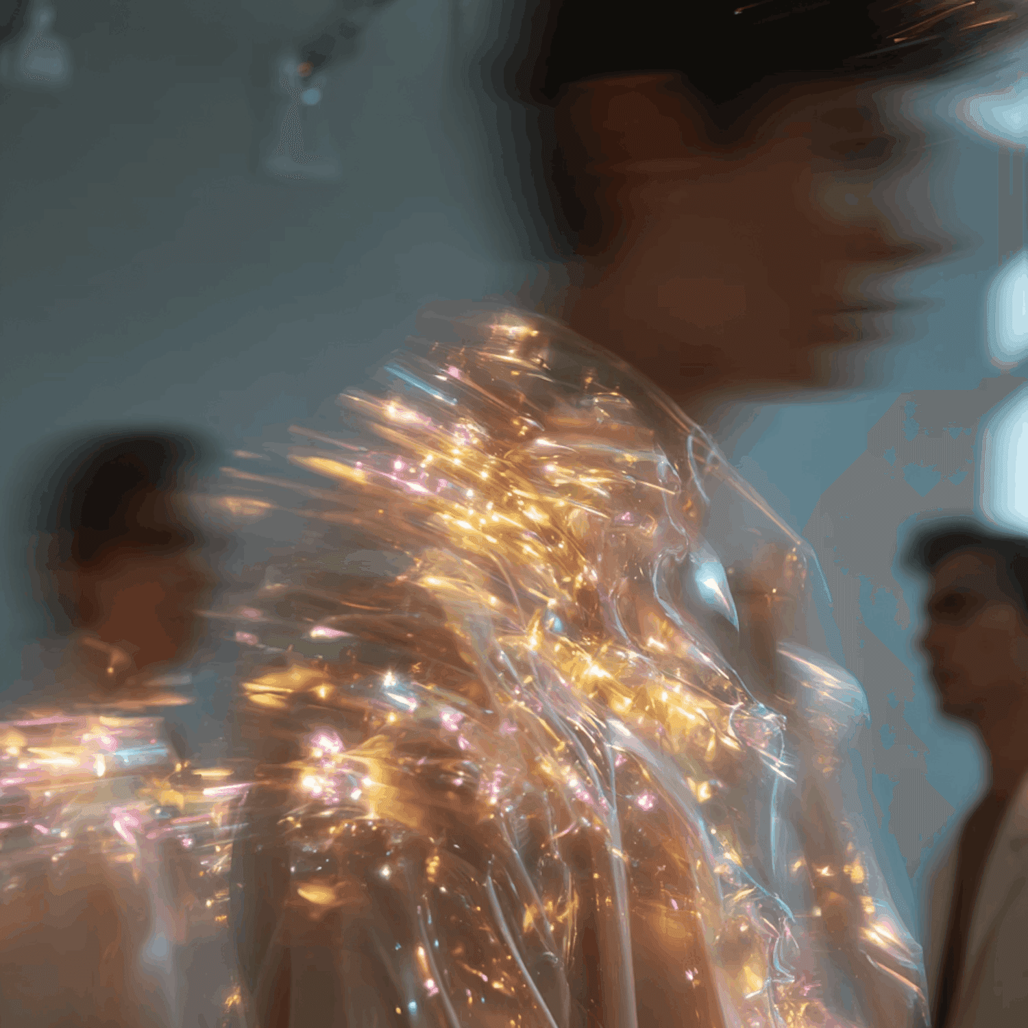 Person in a glowing translucent garment with sparkling lights.