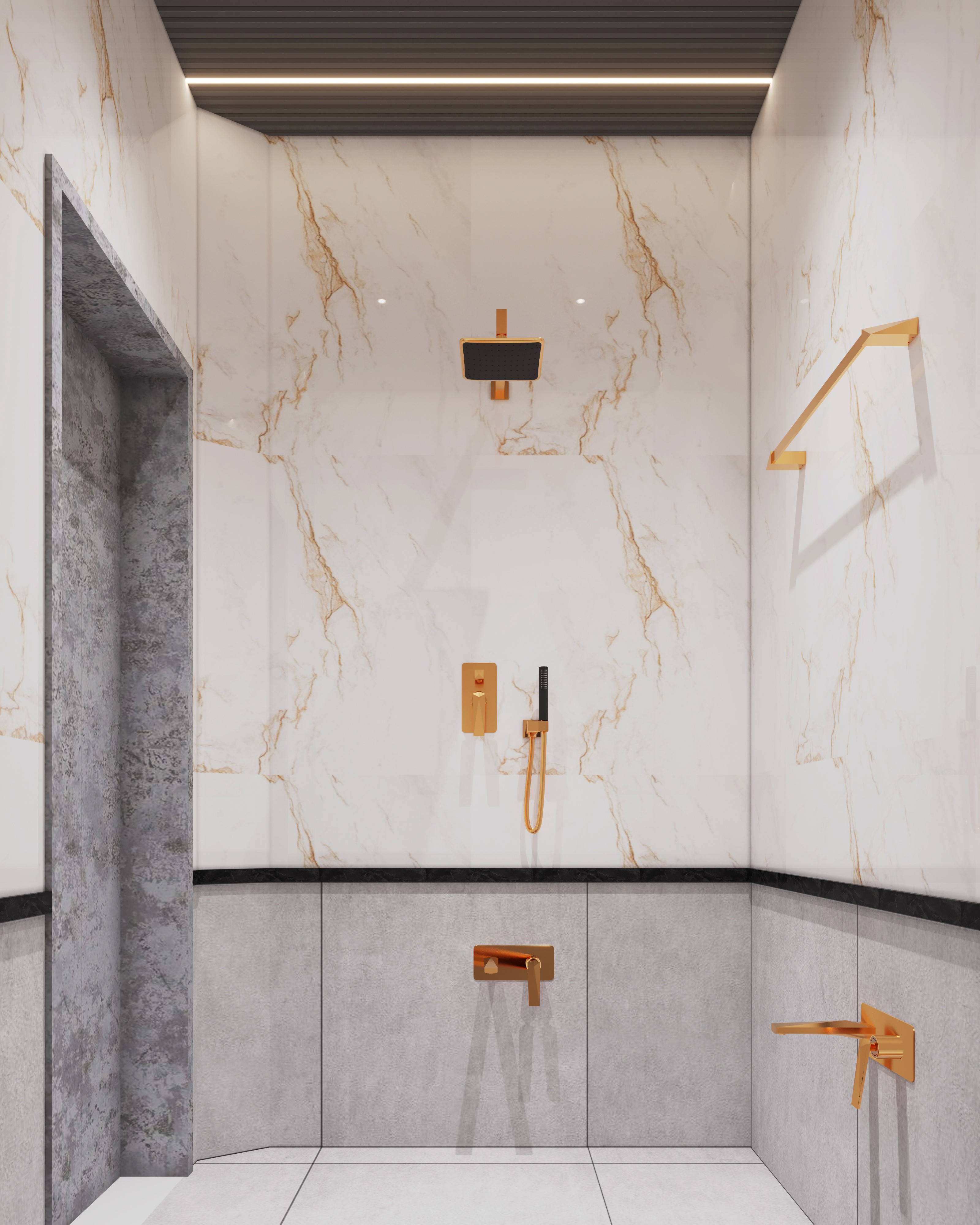 Hotel bathroom shower wall with pale marble-look finishes, gold-toned shower fittings and a dark ceiling