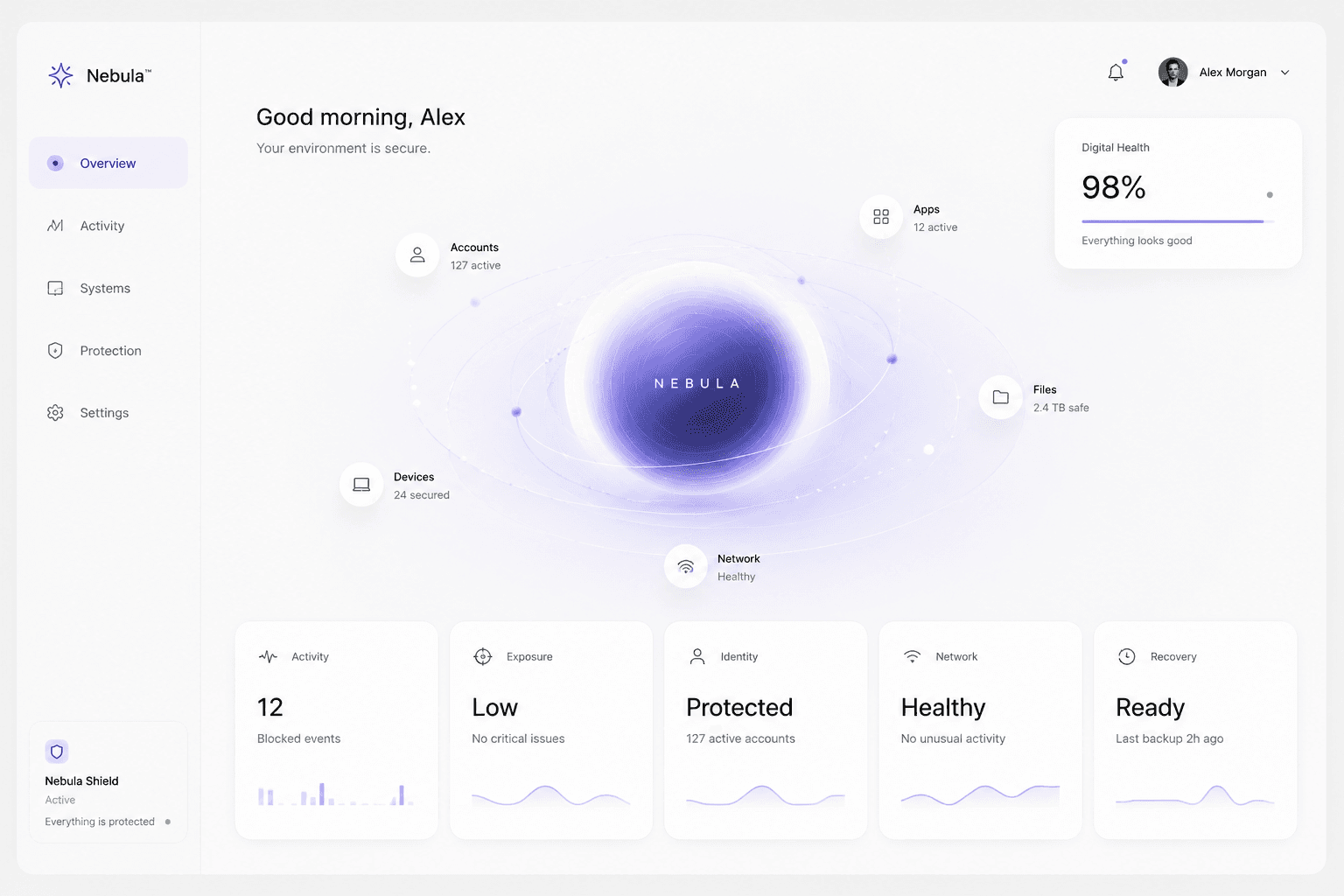 Nebula dashboard interface featuring a central glowing purple orbital graphic and various security status cards.