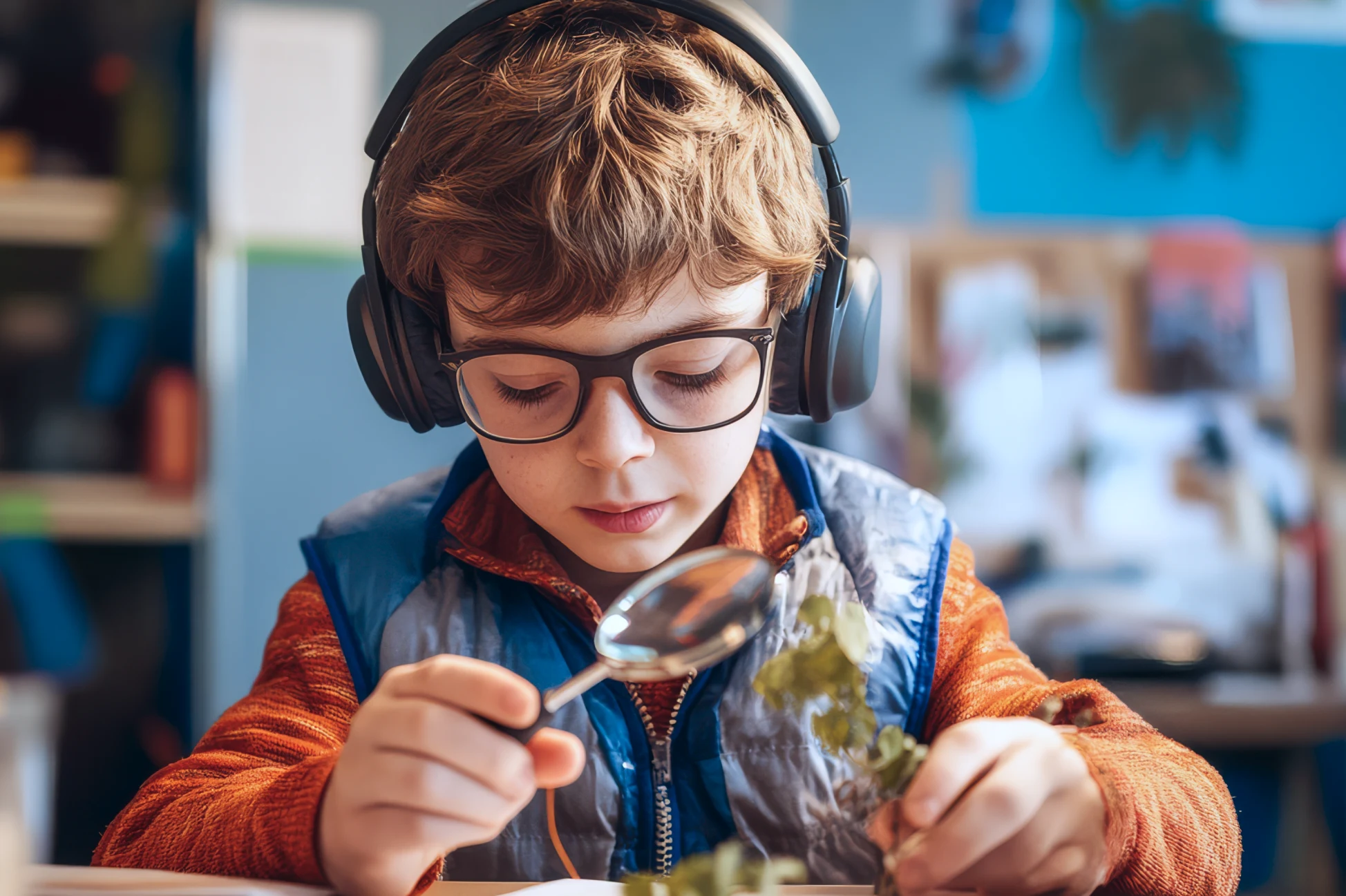 Student examining plant with magnifying glass