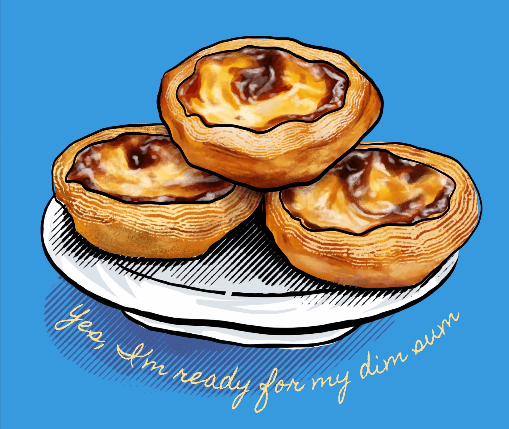 - Illustration of three Hong Kong-style egg tarts with bilingual typography on a blue background.