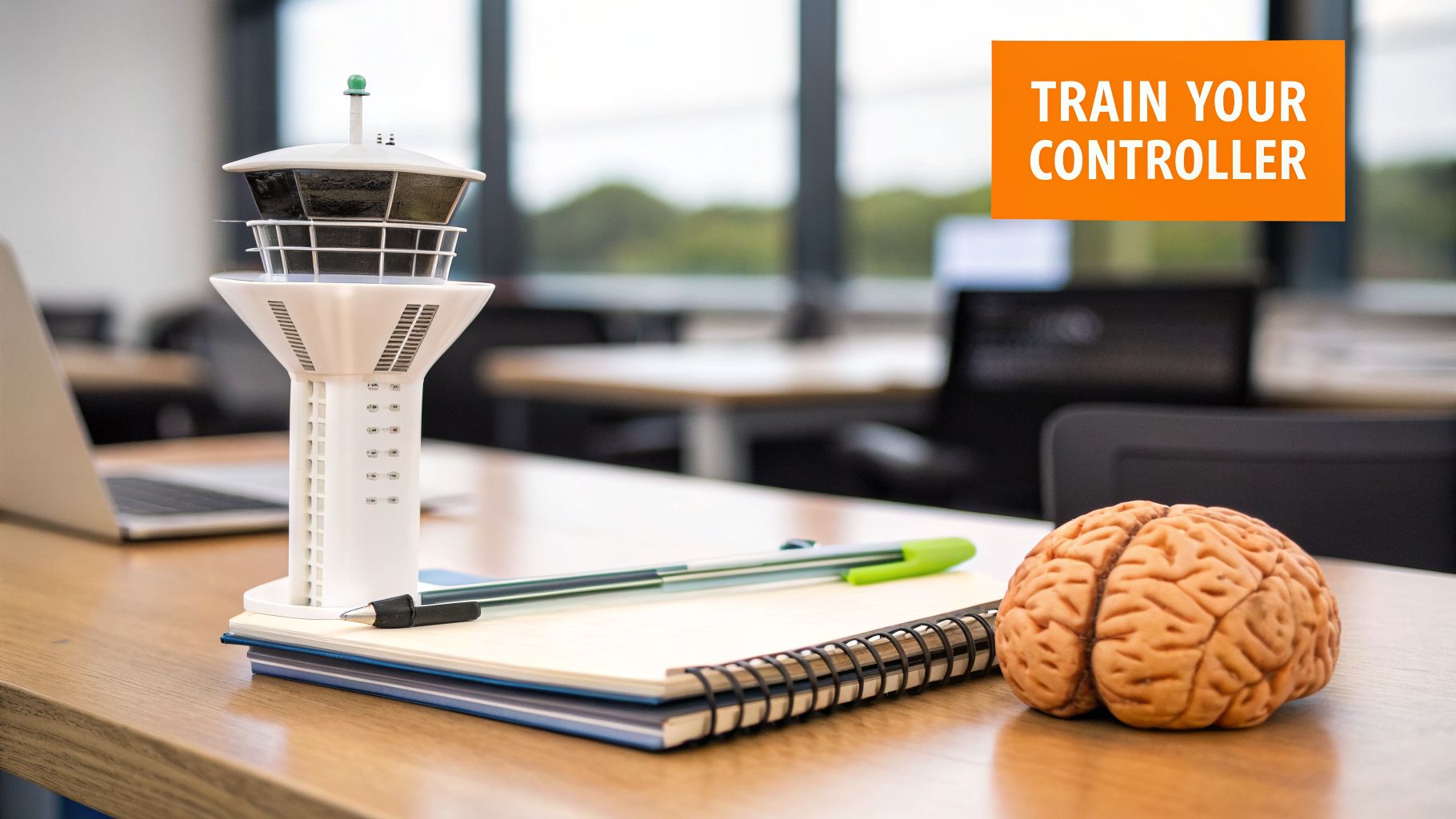 An office desk features a control tower model, a human brain, notebook, and a 'Train Your Controller' sign.