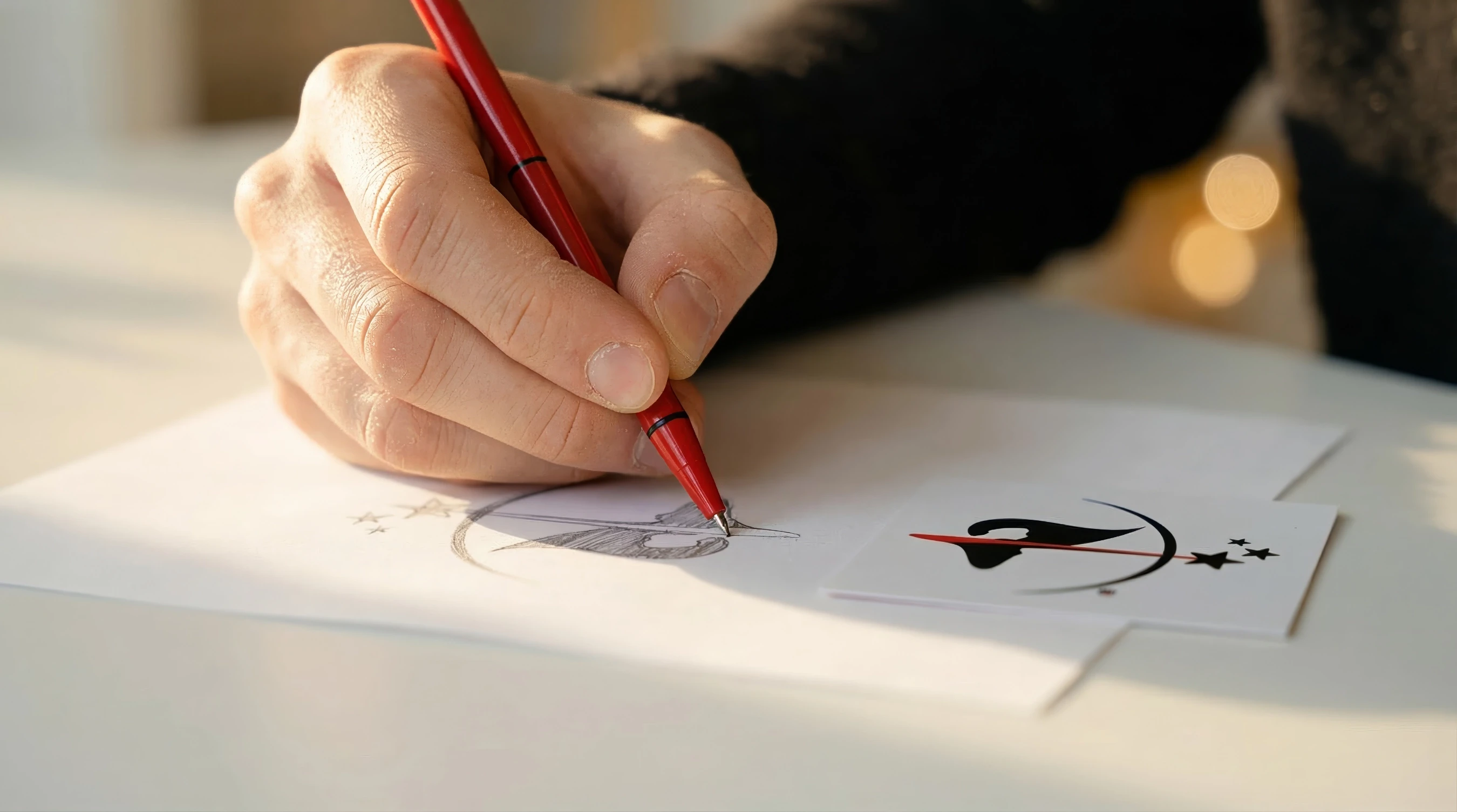 Hand zeichnet und präzisiert das Bogenschützen-Logo als Teil der strategischen Markenentwicklung.