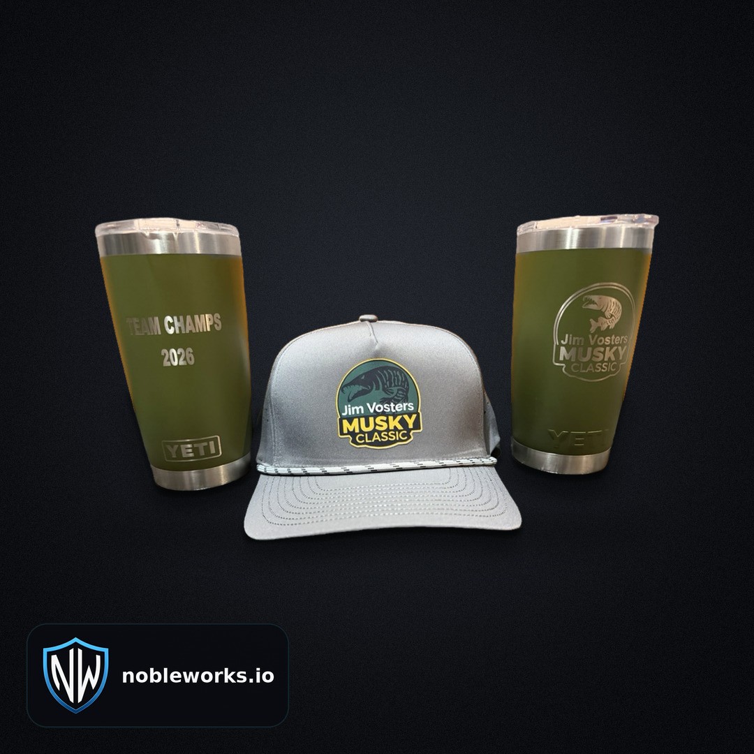 Olive YETI tumblers laser engraved with the Jim Vosters Musky Classic logo, shown with gray rope hats
