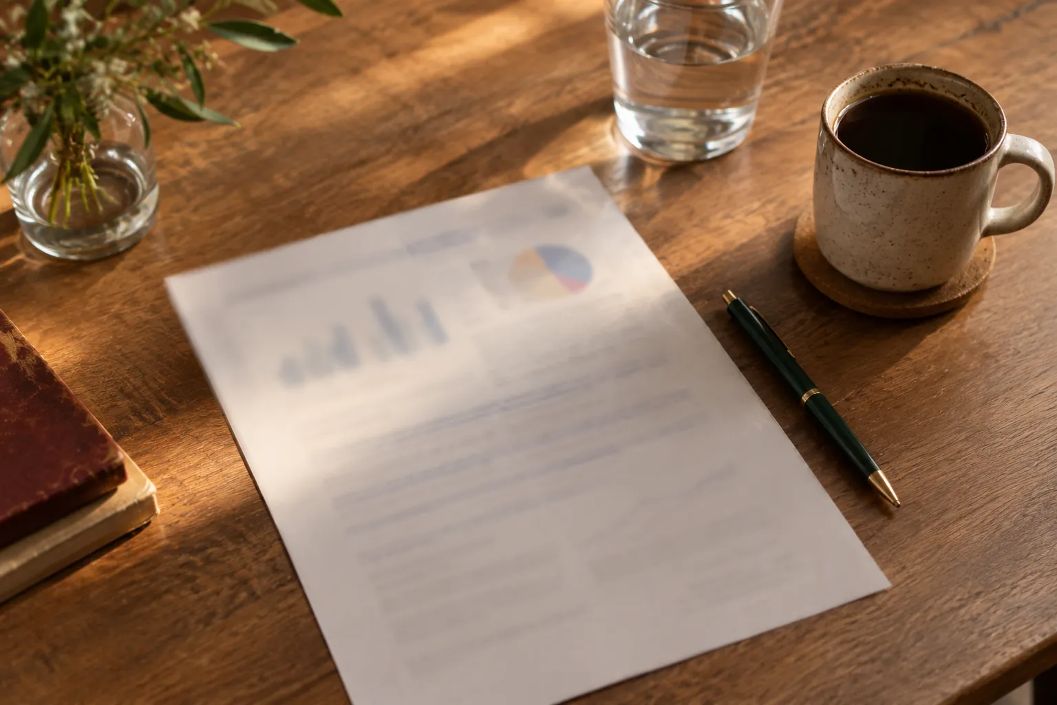 A one-page report on a desk beside a pen and a coffee