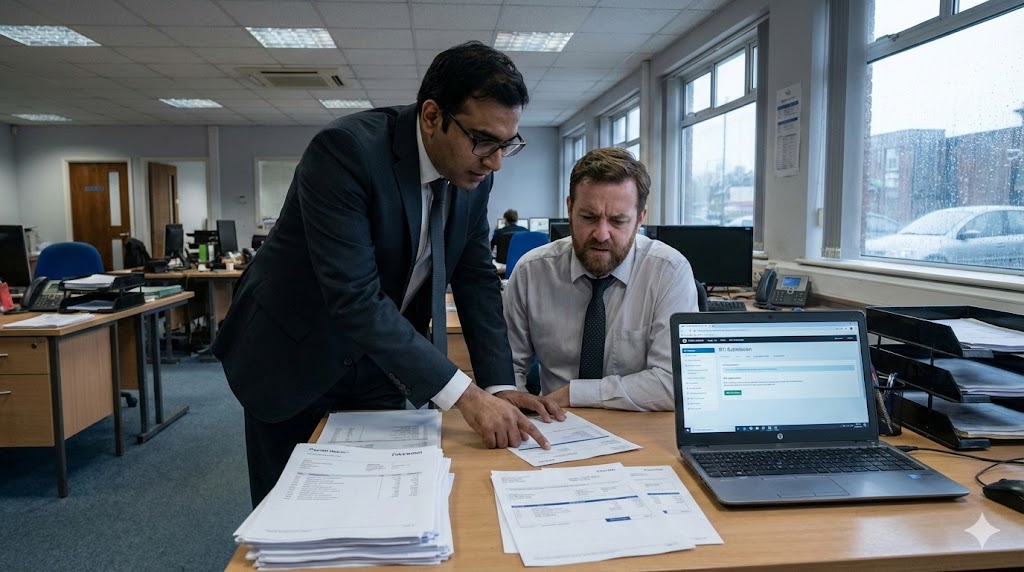 Four workers in black coveralls walk through an industrial facility.
