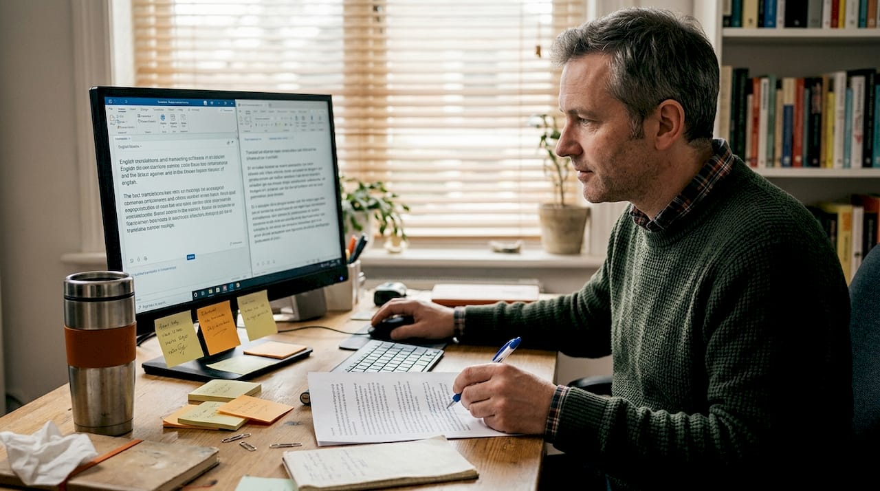 Man using translation tools at home desk