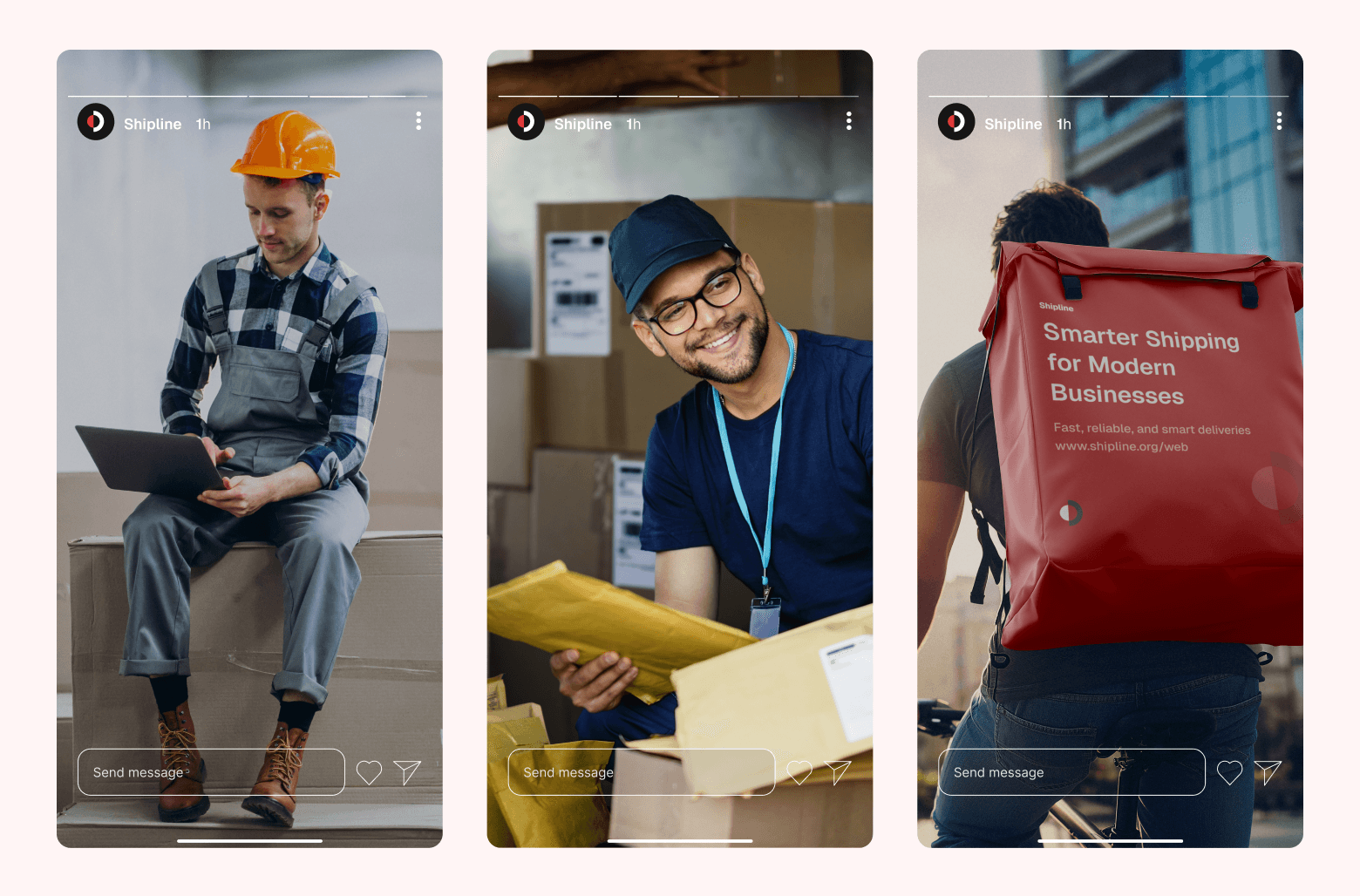 Delivery worker using laptop, warehouse staff handling packages, and courier with backpack.