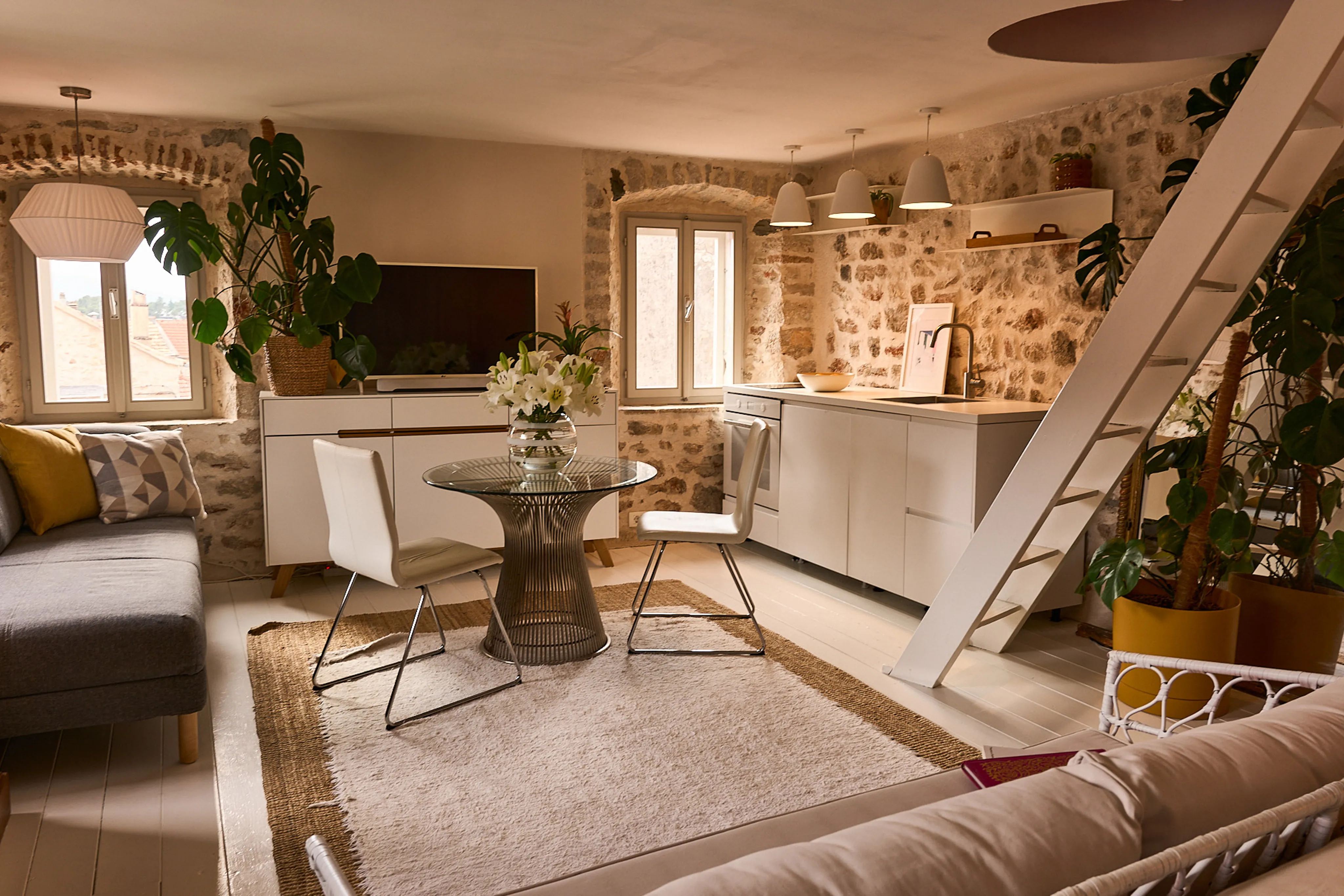 Open-plan lounge, dining and kitchen in the Amanda Suite, Hidden House boutique townhouse, Stari Grad Hvar