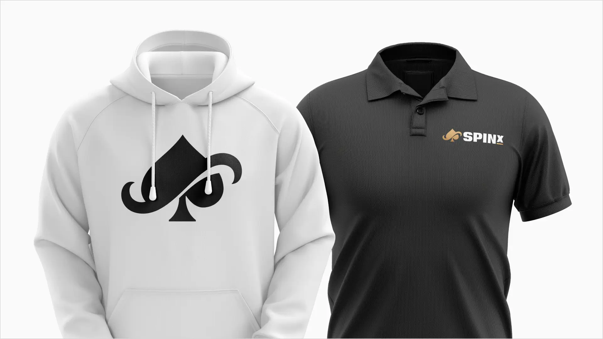 A white hoodie with a black SpinX logo and a black polo shirt with the gold and white "SpinX" logo