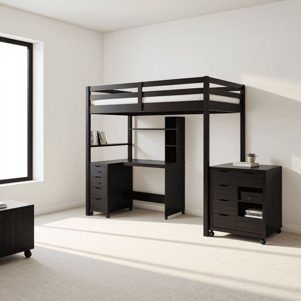 product photography of a loft bed with a desk and storage