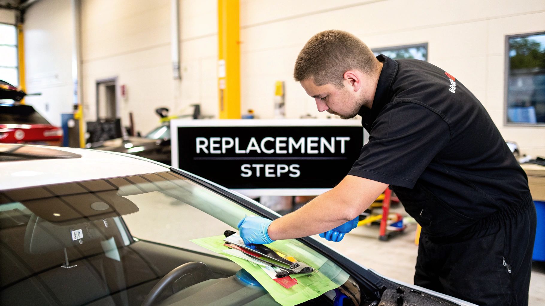 A mechanic in blue gloves repairs a car windshield in a garage, with a 