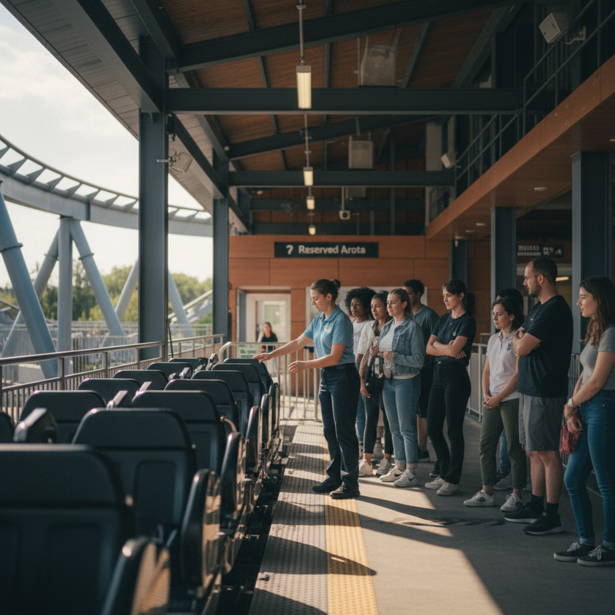 Vor der Abfahrt einer Achterbahn kontrolliert ein Mitarbeiter die Sicherungsbügel, die Sonne zeichnet klare Linien auf die Plattform. Eine kleine Gruppe wartet geordnet hinter einer Markierung, ein separater Bereich ist sichtbar reserviert. Alles wirkt ruhig, strukturiert und bereit für den nächsten Start.