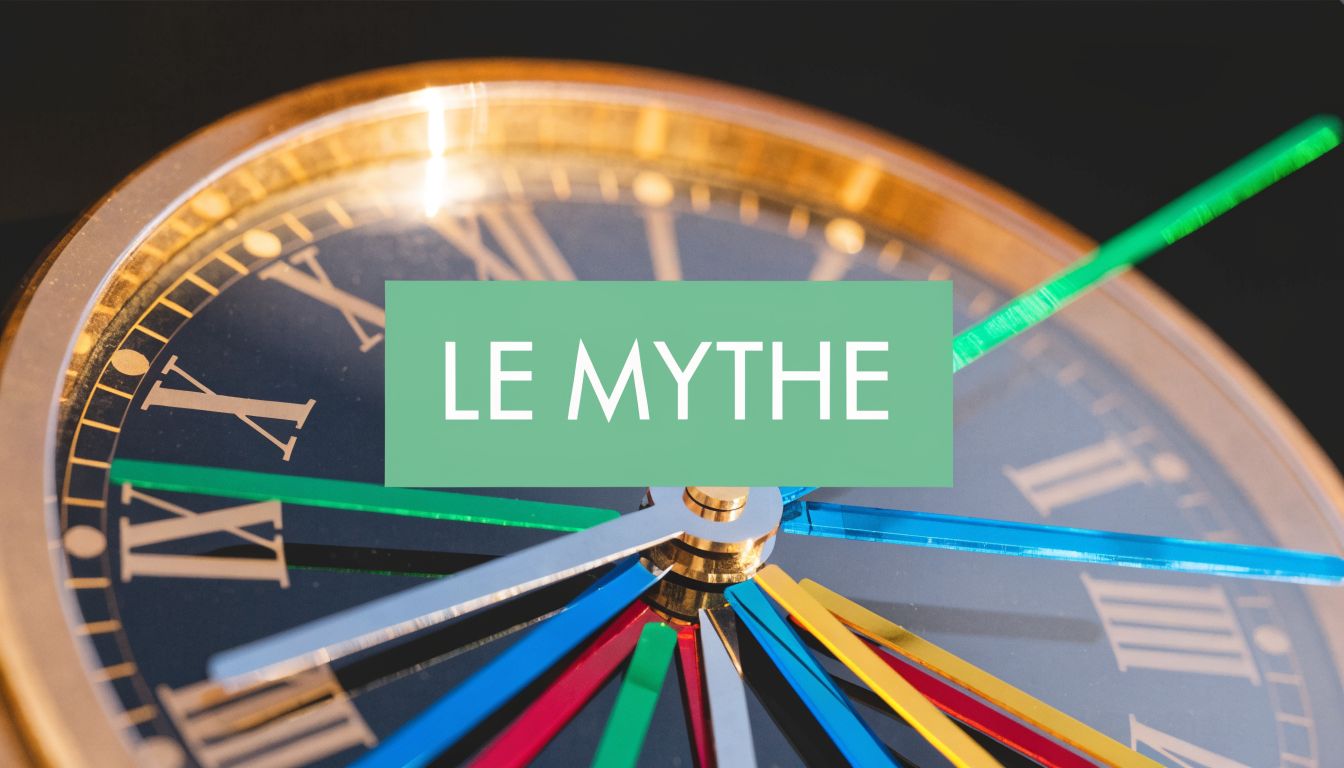 Une horloge stylisée avec des aiguilles colorées affiche le texte Le Mythe sur un fond sombre.